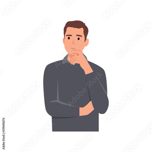 Young man thinking with word balloons, men putting their hands under their chin and thinking. Flat vector illustration isolated on white background