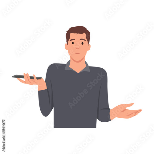 Young man doing gesture oops, sorry or I do not know. The man shrugs and spreads his hands. Flat vector illustration isolated on white background