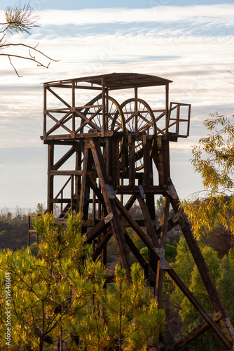 Detail of the mining tower or winch in the old mining facilities of Peña del Hierro near the source of the Río Tinto in Huelva 
