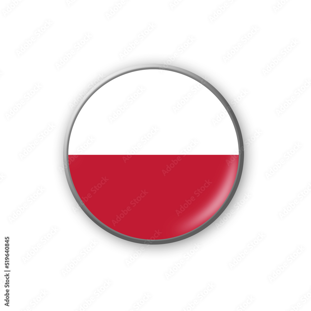 Poland flag. Round badge in the colors of the Poland flag. Isolated on white background. Design element. 3D illustration. Poland flag. Round badge in the colors of the Poland flag. Isolated on white background. Design element. 3D illustration.