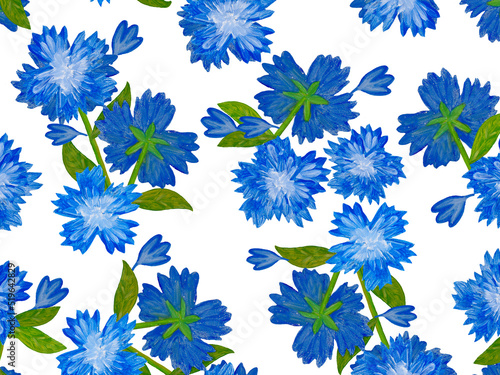 Blue flowers painted with oil paint on a light background. Oil painting