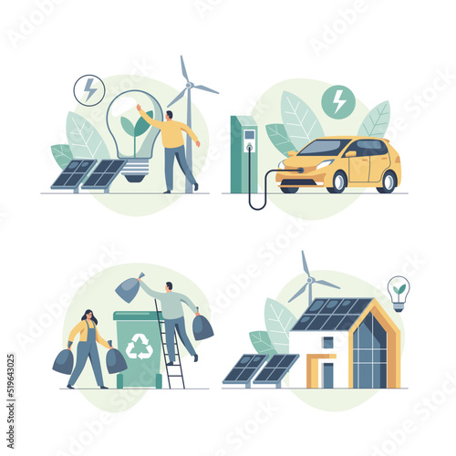 Environmental care and use clean green energy from renewable sources concept. Modern eco house with windmills and solar energy panels, electric car near charging station. Recycling. © faber14