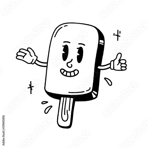Ice cream retro cartoon character from the 30s. Vintage comic smile vector illustration