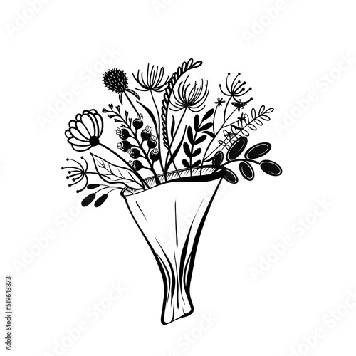 Bouquet of flowers black outline of scribble isolated
