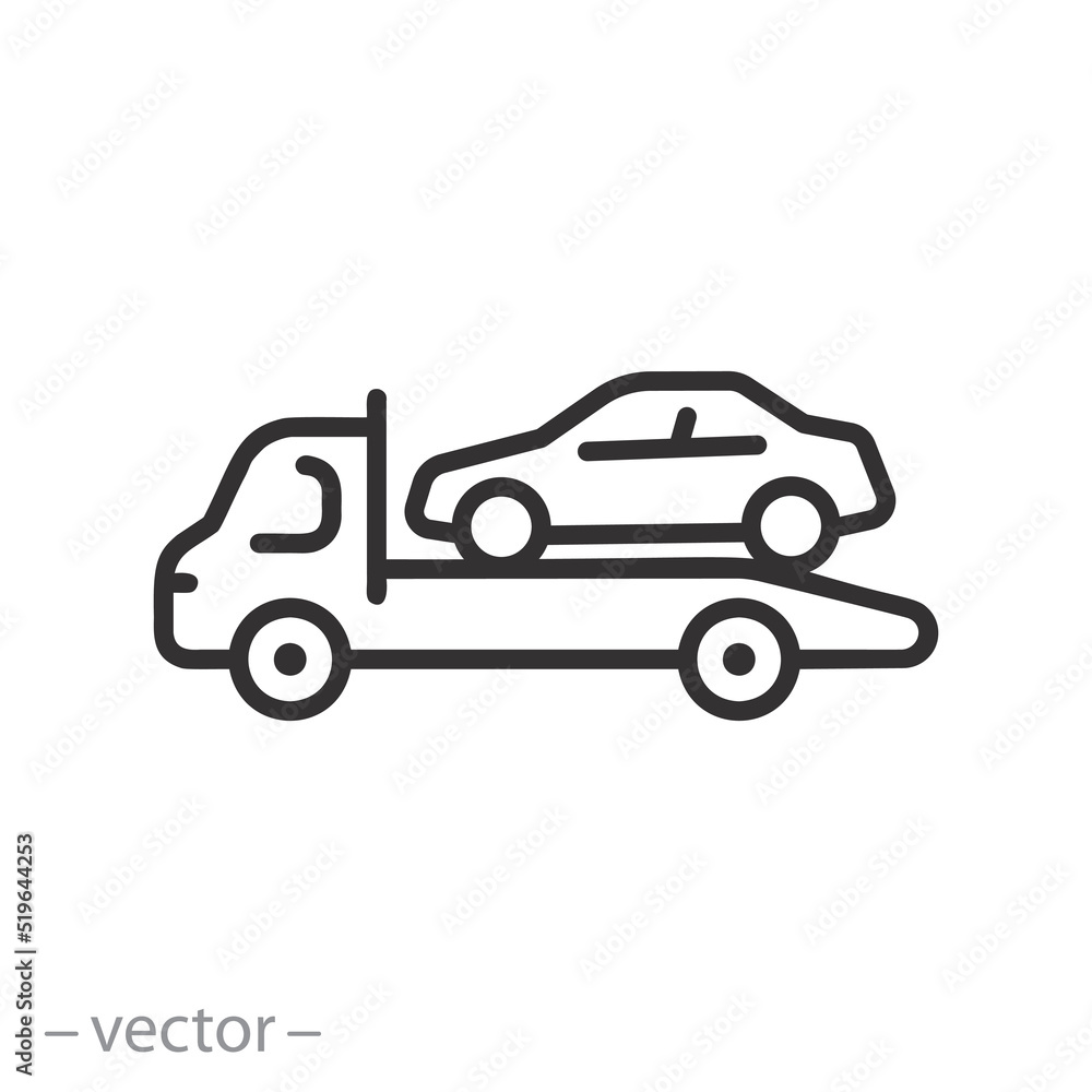 car tow icon, tow away zone concept, no parking any time, thin line symbol on white background - editable stroke vector illustration