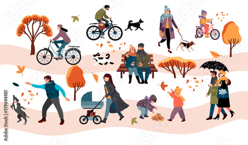 Autumn park landscape with different people,trees.Couple sitting on a bench,  girl and guy on bicycles, children having fun,  man playing with a dog,woman with a child.Vector flat cartoon illustration