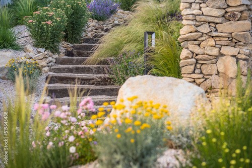 Rustic wooden stairs in the garden.