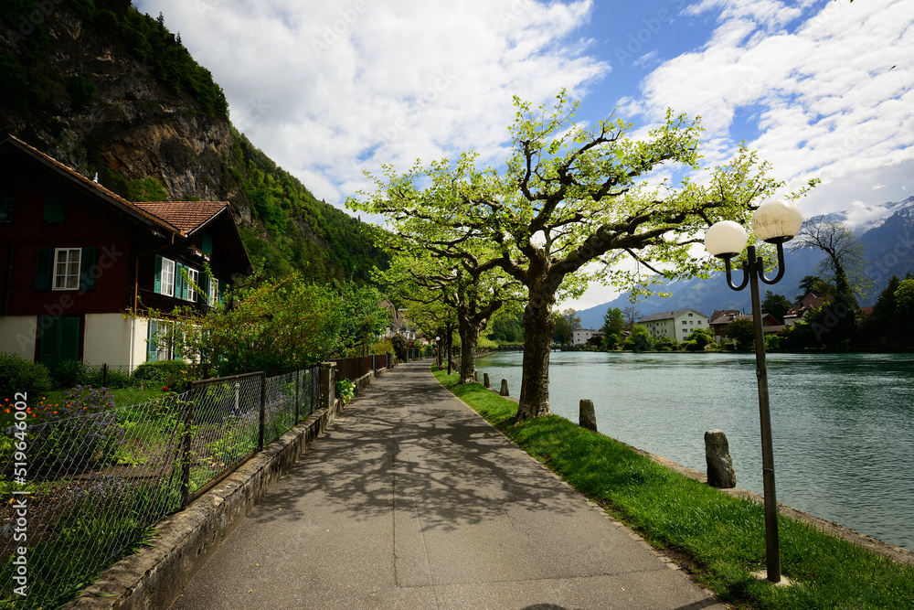 A riverside scene at the Swiss Alpine resort of Interlaken