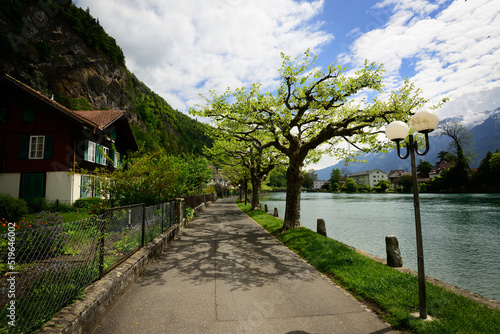 A riverside scene at the Swiss Alpine resort of Interlaken
