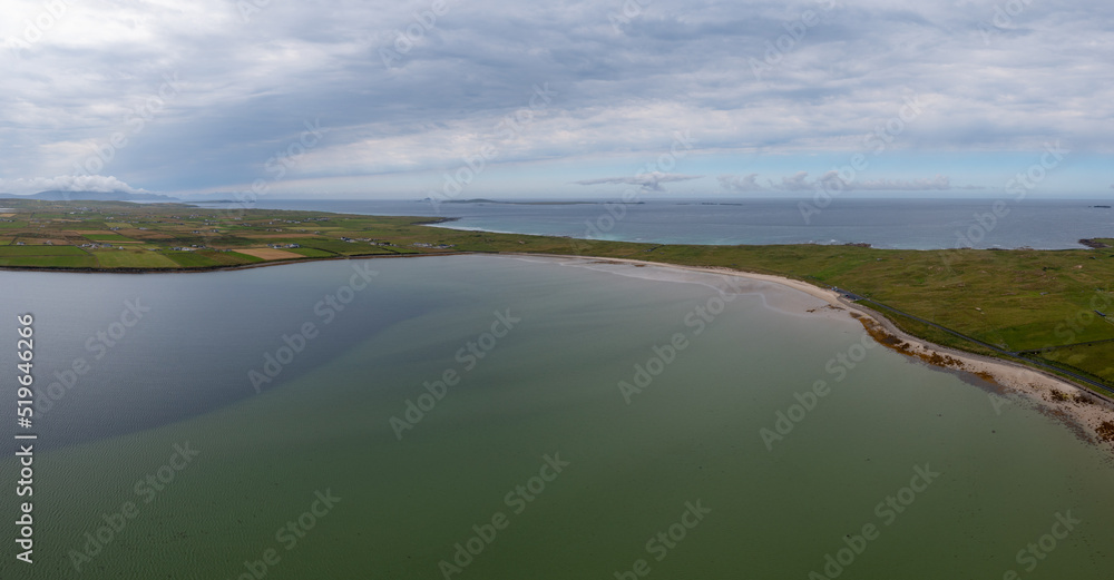 aerial panorama of the beautiful Elly Bay Beach on the Mullet Peninsula of Ireland at low tide