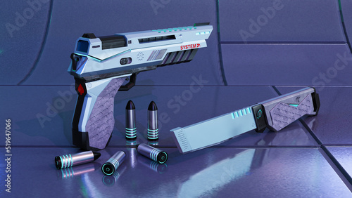 3D illustration of sci fi gun and knife with bullets, blue illuminating lights, red details, energy weapon in the future and space photo