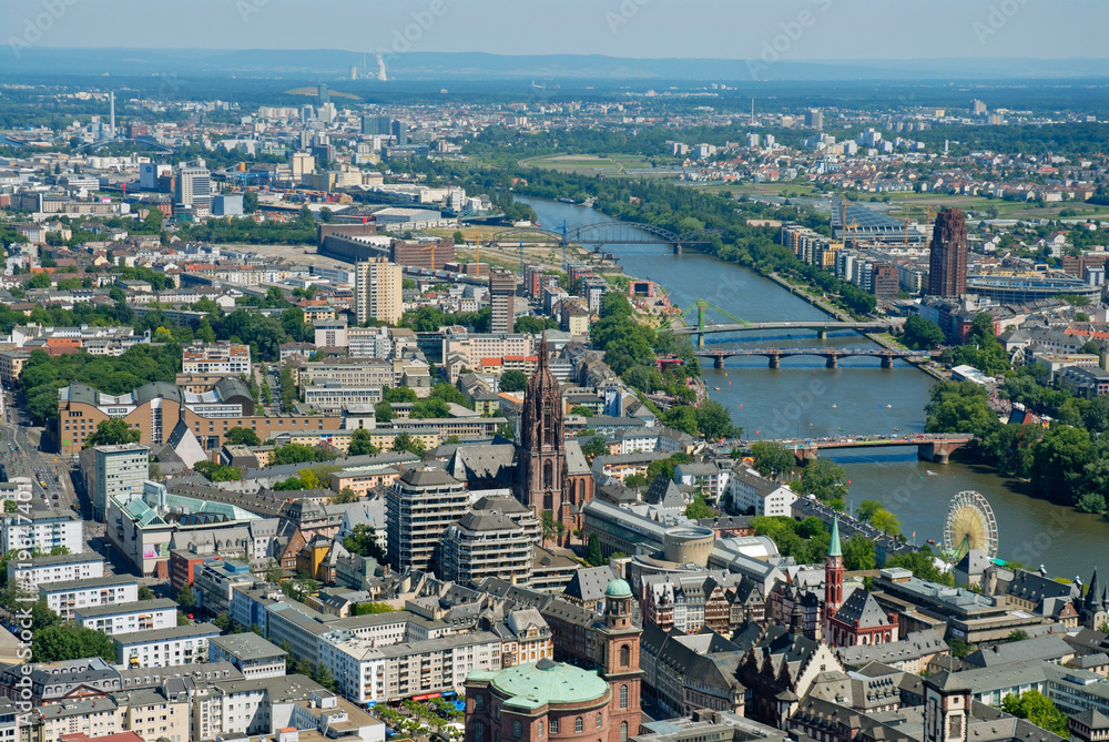 Elevated view of Frankfurt Am Main. Frankfurt, a central German city on the river Main, is a major financial hub that's home to the European Central Bank. Germany, June 2016