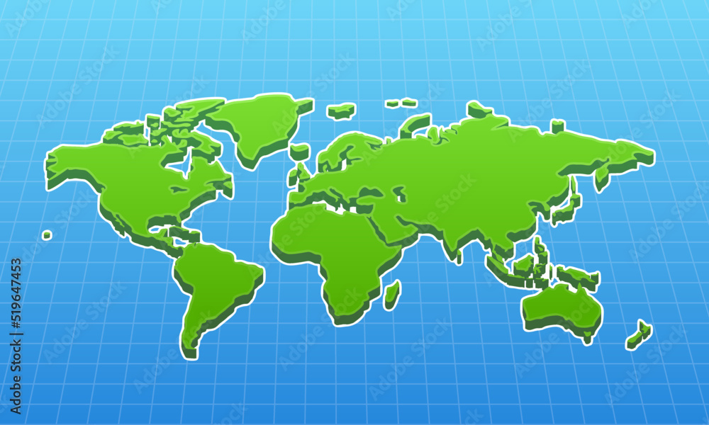 simple 3D illustration of a world map with green and blue color simple 3D illustration of a world map with green and blue color
