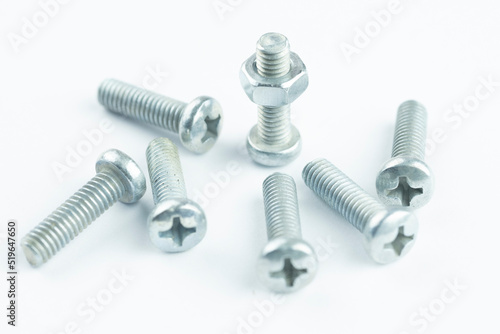 Group of screw-bolts isolated on white. Standing out of the crowd concept.