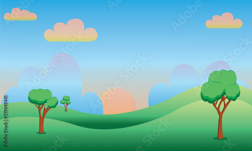 Cartoon landscape, green field, landscape view, game background, summer or spring meadow or pasture with plants. Park with green trees. Vector cartoon illustration of summer landscape. 