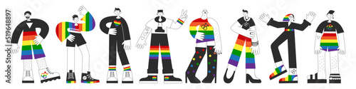 Character set of gay people with rainbow, lgbtq symbols. Homosexual queer men visibility, awareness, equality, pride and rights. Same-sex love and marriage concept isolated vector flat illustration.