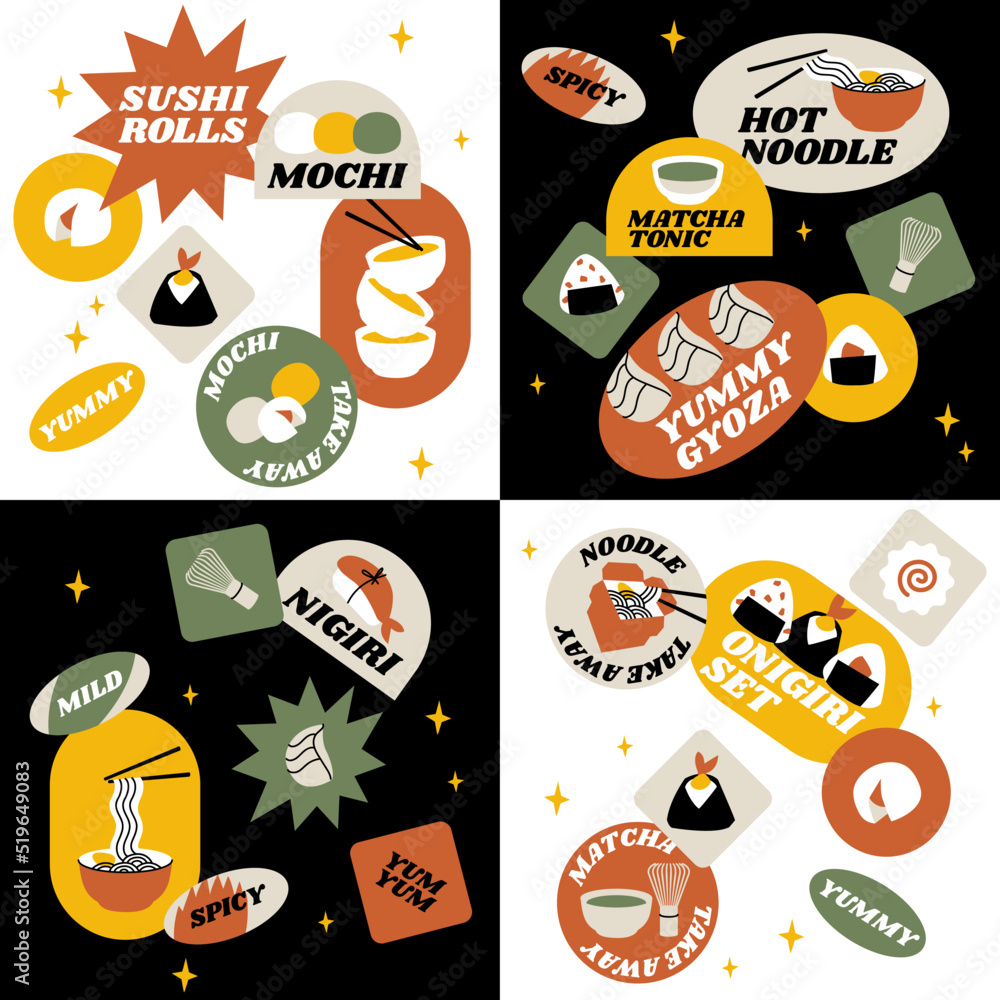 Vector set of retro fast food stickers for Asian cafe. Colorful patch badges with Japanese food.