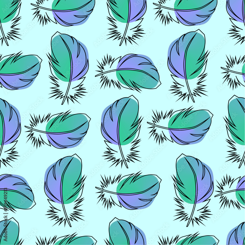 seamless static pattern of yakki blue green feathers, graphic repeat pattern, texture, design