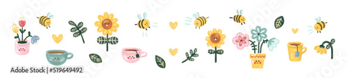 Cute kawaii horizontal vector banner. Cartoon watercolor bees, flowers, tea and coffee mugs, plant pots, leaves and sunflowers. Texture baby stickers for print, decor, textiles © Libradaria