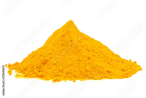 Heap of turmeric powder spice isolated on a white background. Curcuma.