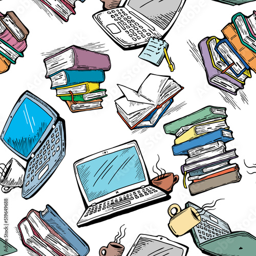 Pattern study with books and laptop, Student, kids textile print, fabric design, wrapping paper, scrapbook, background and more. Back to school theme hand drawn illustration. Cartoon vector drawing.