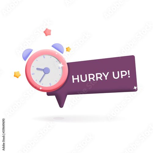 3d vector Hurry up red label with pink alarm clock design for promotion offer concept. Deadline, sale, special offer, countdown symbol, last minute banner isolated on white background.