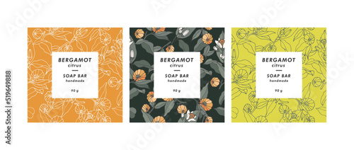 Vector set seamless patterns for cosmetics with template design labels. Backgrounds with bergamot flowers for handmade soap.