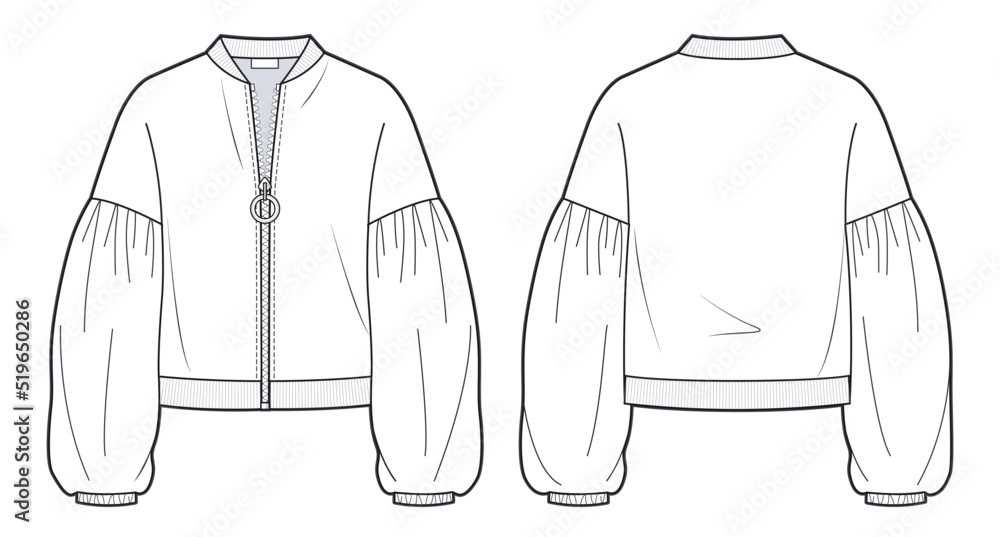 Women's Zip-up Bomber Jacket fashion flat technical drawing template ...