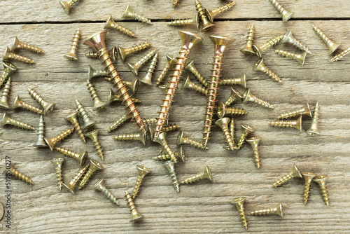 A pile of iron screws scattered on a gray background