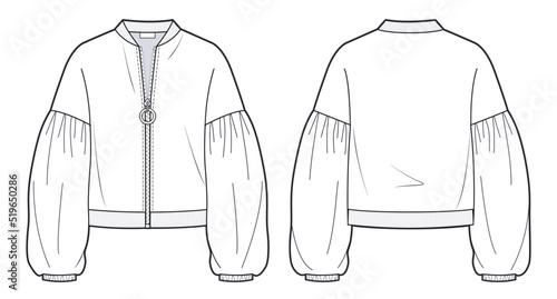 Women's Zip-up Bomber Jacket fashion flat technical drawing template. Girl's Jacket, Sweatshirt template front, back view, white, balloon sleeves. Blouse fashion CAD mock-up.