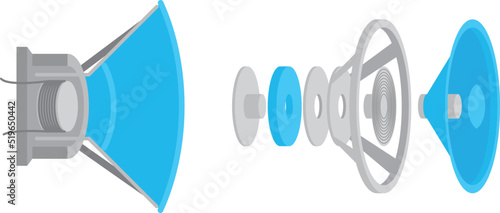Isolated vector illustration of the structure of a speaker. 
3d diagram of the parts of a speaker: dust cap, cone, spider, voice coil, basket, top plate, magnet, pole and rear plate. 