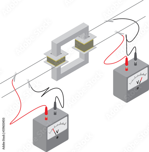 Isolated vector illustration of voltage step-up transformer. 
3d diagram of a conducting wire passing through a voltage transformer and two voltmeters measuring the voltage. 