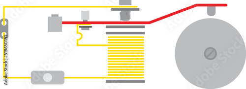 Isolated vector illustration of the structure of an electric bell. 
Electrical circuit diagram of a doorbell and its parts: gong, hammer, electromagnet, battery, switch, soft iron armature and spring