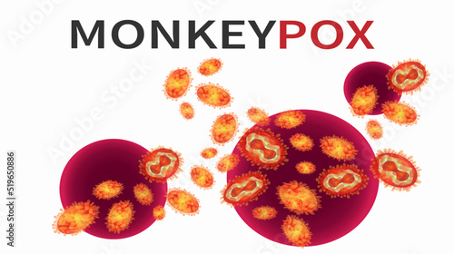 Monkeypox virus cells. Monkeypox virus outbreak pandemic design with microscopic view background. Virus epidemic outbreak. Health care in USA, Europe and Asia. Vector EPS10 Illustration.