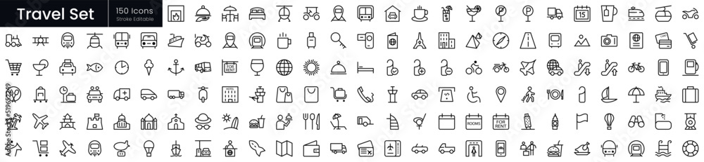 Set of outline Travel icons. Editable stroke thin line icons bundle. Vector illustration