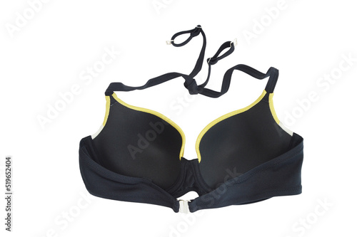 Black swimsuit bra with molded cups on the reverse side. Beach wardrobe. Beach summer clothes for sports and recreation.