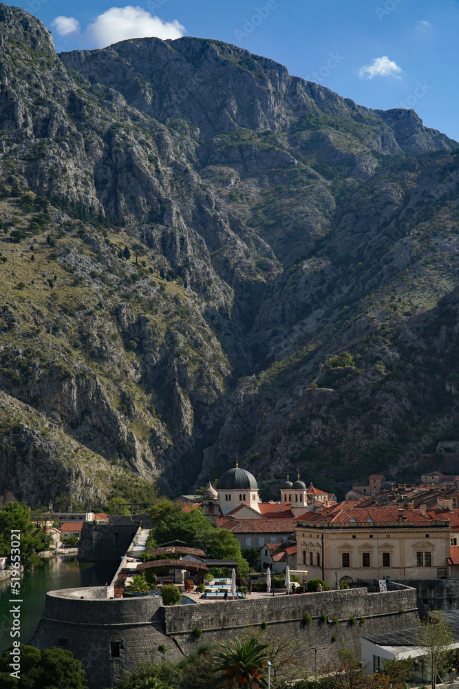The rooftops and fortified walls of Kotor Old Town in Montenegro