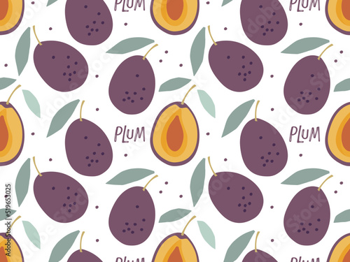 Plum Seamless pattern. Plum Fruit with leaf, hand drawn doodle sketch. Flat vector Food template. Repeated background for textile, fabric, paper, wallpaper, packaging. Food ingredients for cooking