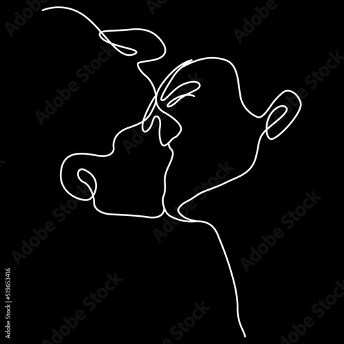 Minimalistic face line illustration of couple kissing. Abstract vector man and woman. Black and white on black background. One line drawing.