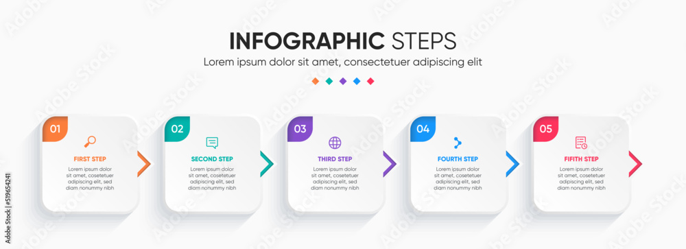 5 steps colorful box square infographic with arrow. 5 steps colorful box square infographic with arrow.