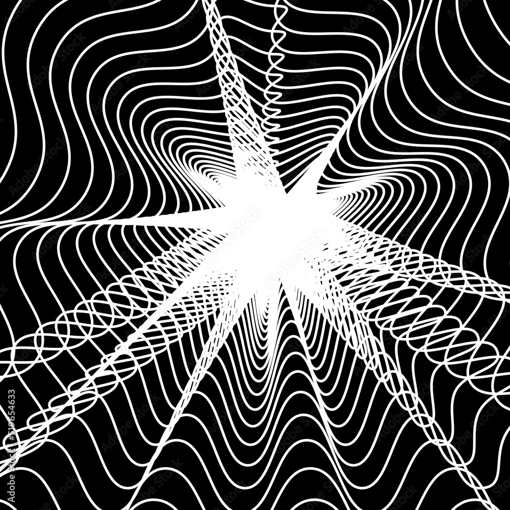 Twisted abstract wireframe tunnel. The white wave spiral wavy lines on ...