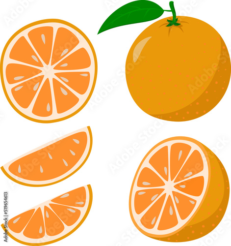 Fresh orange. Whole orange fruits and an orange cut in half. Cartoon style. vector illustration isolated on a white background