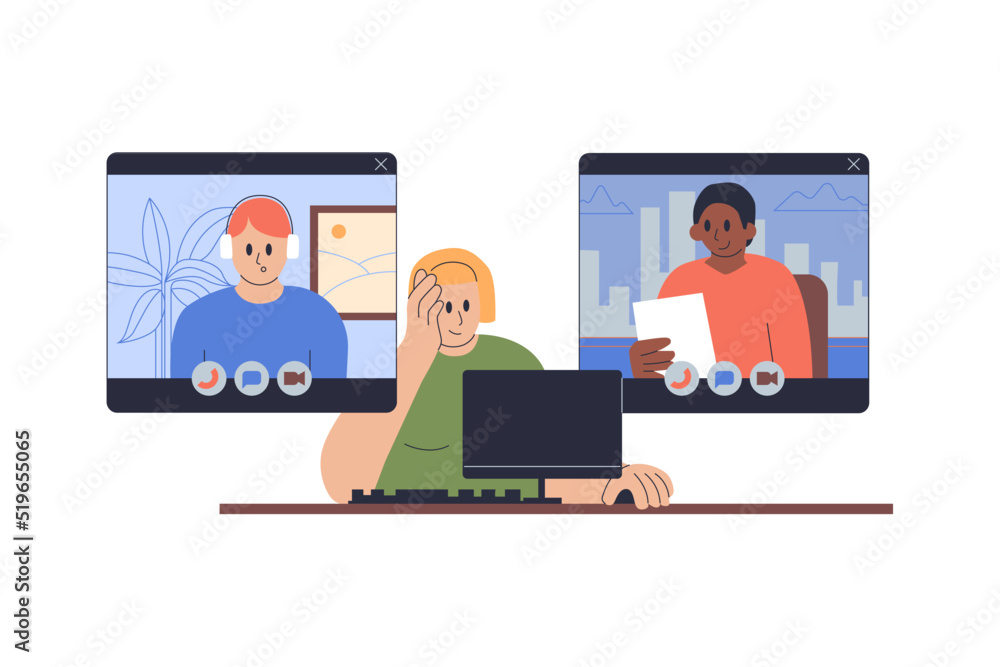 People chatting during online video call. Happy woman sitting by computer and talking to persons on screen through internet. Virtual communication concept. Flat vector illustration isolated on white People chatting during online video call. Happy woman sitting by computer and talking to persons on screen through internet. Virtual communication concept. Flat vector illustration isolated on white