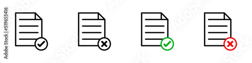 Conjunto de icono de documento aprobado y cancelado. Concepto de verificación de documento. Ilustración vectorial, estilo línea simple photo