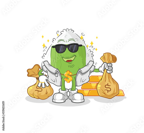 onigiri rich character. cartoon mascot vector
