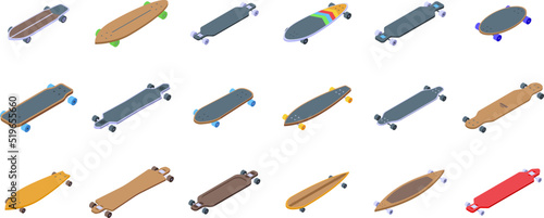 Longboard icons set isometric vector. Skateboard. Long deck