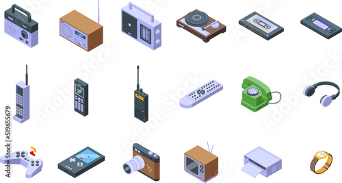 Analogue technology icons set isometric vector. Audio button. Casette record