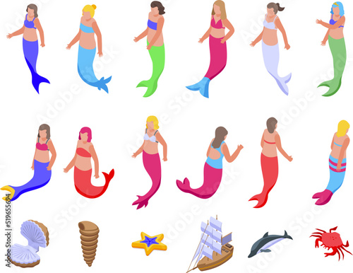Mermaid icons set isometric vector. Girl cute. Fairy fish