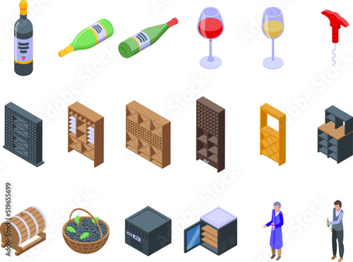 Wine cellar icons set isometric vector. Keg barrel. Tank alcohol