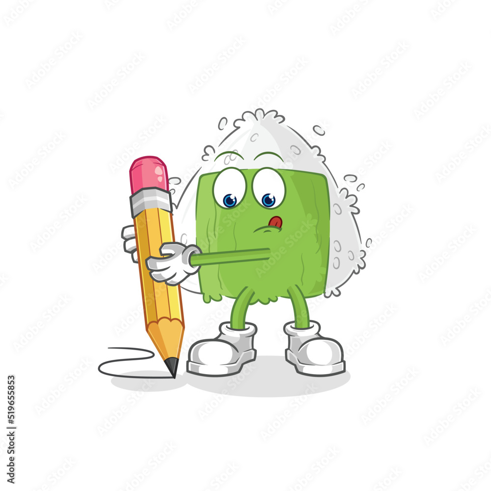 Obraz premium onigiri write with pencil. cartoon mascot vector